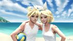  1girl arm_around_neck arm_around_waist bikini bikini_under_clothes blonde_hair blue_sky brother_and_sister cloud day gohpot grin hair_ornament hair_ribbon hairclip hand_on_another's_shoulder highres kagamine_len kagamine_rin ocean outdoors ponytail ribbon siblings signature sky smile sunlight swimsuit swimsuit_under_clothes tank_top twins v-neck vocaloid volleyball watermark web_address 
