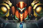  1girl ass blonde_hair blue_bodysuit bodysuit from_behind hakuramen highres mecha metroid mobile_suit ponytail robot samus_aran solo tagme varia_suit zero_suit 