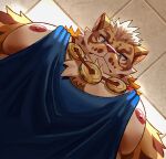  1boy absurdres animal_ears artist_request bara blue_eyes blue_tank_top chest_tuft foreshortening from_below furry furry_male highres large_pectorals light_frown lin_hu_(nekojishi) looking_at_viewer looking_down male_focus meme muscular muscular_male nekojishi nipple_slip nipples orange_fur pectoral_focus pectorals short_hair sidepec solo stomach tank_top tiger_boy tiger_ears tiger_stripes white_fur yur_oc_like_this_(meme) 
