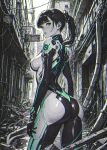  ai-generated ass ass_focus black_hair bodysuit breasts city eve_(stellar_blade) from_behind green_bodysuit highres huge_ass looking_at_viewer medium_breasts partially_colored ponytail ruins silver_bodysuit skin_tight stellar_blade thighs tight_clothes turning_head xenotrip 