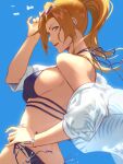  1girl absurdres adjusting_eyewear bikini bleach blonde_hair blue_bikini blue_eyes blue_sky breasts eyewear_on_head hand_on_own_hip highres ihsekodwww large_breasts matsumoto_rangiku mature_female ponytail shirt side-tie side-tie_bikini_bottom sideboob sky summer sunglasses swimsuit white_shirt 