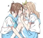  2girls blonde_hair blue_sailor_collar blue_skirt blush brown_hair commentary_request eye_contact feet_out_of_frame flying_sweatdrops hair_ribbon hibike!_euphonium kitauji_high_school_uniform long_hair looking_at_another multiple_girls nakagawa_natsuki neckerchief open_mouth pleated_skirt ponytail ribbon sailor_collar school_uniform scribble serafuku shirt short_ponytail short_sleeves simple_background sitting skirt sweat syonosuke9573 white_background white_shirt yellow_ribbon yoshikawa_yuuko yuri 