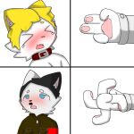 adolf_hitler black_hair blonde_hair blue_eyes blush borka525354 brown_clothing clothing domestic_cat duo felid feline felis female grey_sleeves hair jewelry male mammal necklace red_jewelry red_necklace white_body white_hand
