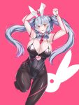 1girl :p aged_up alternate_breast_size alternate_costume alternate_hairstyle blush breasts grey_hair hakkai highres huge_breasts kantai_collection leg_up long_hair murakumo_(kancolle) orange_eyes pantyhose playboy_bunny rabbit_hole_(vocaloid) solo tongue tongue_out twintails very_long_hair 