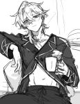  1boy absurdres aventurine_(honkai:_star_rail) coffee_mug cup greyscale hair_between_eyes highres holding holding_cup honkai:_star_rail honkai_(series) long_sleeves looking_at_viewer male_focus midriff midriff_peek monochrome mug navel official_alternate_costume pajamas short_hair solo zoo_min 