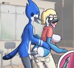 age_difference anal anal_penetration anthro anus avian balls bird blonde_hair blue_body blue_feathers blue_jay bodily_fluids bottomwear bottomwear_down breasts butt cartoon_network clothed clothing corvid cum cum_in_ass cum_inside duo feathers female fours_(artist) from_behind_position genital_fluids genitals hair hi_res hilary_(regular_show) incest_(lore) jay_(bird) male male/female mordecai_(regular_show) mother_(lore) mother_and_child_(lore) mother_and_son_(lore) new_world_jay oscine pants pants_down parent_(lore) parent_and_child_(lore) parent_and_son_(lore) partially_clothed passerine penetration penis pussy regular_show sex son_(lore)