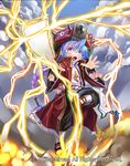  blue_hair braid cardfight!!_vanguard child cloud cloudy_sky company_name electricity exorcist_mage_koh_koh hat long_hair male_focus multicolored_hair official_art open_mouth patricia_(stylish_marunage) pink_eyes purple_hair sky solo teeth two-tone_hair 