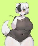 2023 anthro ara_ara arm_tuft bent_arm big_breasts biped black_clothing black_hair black_leotard black_nose blush blush_lines breasts camel_toe canid canine canis clothed clothed_anthro clothed_female clothing digital_media_(artwork) domestic_dog ears_down english_description eyebrow_through_hair eyebrows eyelashes female female_anthro fluffy fluffy_tail fur glistening glistening_clothing glistening_eyes glistening_hair glistening_leotard glistening_thighs green_background green_eyes hair hair_over_eye hi_res highlights_(coloring) huge_breasts leotard mammal markings mole_(marking) mole_under_eye monotone_background multicolored_hair navel_outline neck_tuft one_eye_obstructed open_mouth pivoted_ears portrait puri3301 raised_tail short_hair simple_background solo standing tail text thick_thighs three-quarter_portrait translucent translucent_hair tuft two_tone_hair white_body white_ears white_fur white_hair white_tail wide_hips