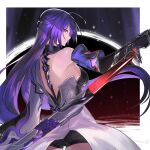  1girl acheron_(honkai:_star_rail) bare_back black_shorts blue_eyes coat commentary cowboy_shot highres holding holding_sword holding_weapon honkai:_star_rail honkai_(series) jazztaki katana long_hair looking_at_viewer purple_hair scabbard sheath short_shorts shorts single_bare_shoulder solo sword very_long_hair weapon white_coat 