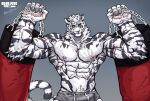  1boy abs animal_ears arknights bara blue563619 bulge cowboy_shot dual_wielding erection erection_under_clothes facial_hair furry furry_male goatee hands_up highres holding large_hands large_pectorals looking_to_the_side male_focus mountain_(arknights) muscular muscular_male navel navel_hair nipples pectorals scar scar_across_eye scar_on_arm short_hair shredded_muscles solo standing stomach thick_eyebrows tiger_boy tiger_ears topless_male v-taper white_hair 