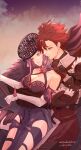  1boy 1girl armor artist_name atoatto bare_shoulders breasts cleavage cloud collarbone commentary_request commission diamant_(fire_emblem) elbow_gloves fascinator fire_emblem fire_emblem_engage gloves ivy_(fire_emblem) large_breasts long_hair purple_eyes purple_hair red_eyes red_hair short_hair signature sitting sitting_on_lap sitting_on_person skeb_commission thorns twitter_username white_gloves 
