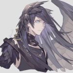  1boy artist_name asymmetrical_arms bag bandaged_neck bandages black_hair black_wings blue_eyes commentary_request expressionless feather_hair feathered_wings floating_hair from_side granblue_fantasy hair_between_eyes light_frown long_hair looking_ahead male_focus messy_hair piercing portrait pota_(bluegutty) sariel_(granblue_fantasy) shoulder_bag signature single_wing solo tank_top twitter_username wings 