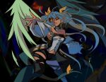  1girl angel_wings asymmetrical_wings blue_hair borcheim bow breasts choker cleavage detached_sleeves dizzy_(guilty_gear) fighting_stance guilty_gear guilty_gear_xrd hair_ribbon hair_rings long_hair monster_girl red_eyes ribbon solo tail tail_bow tail_ornament tail_ribbon thighhighs twintails wings yellow_ribbon 