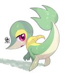 ambiguous_gender blush bodily_fluids butt crouching embarrassed feral generation_5_pokemon looking_back nintendo pokemon pokemon_(species) poroo-mi presenting presenting_hindquarters raised_tail red_eyes simple_background snivy solo sweat sweatdrop tail white_background