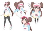  1girl :o alternate_breast_size arm_under_breasts blush breasts bright_pupils brown_hair closed_mouth commentary_request double_bun green_eyes hair_bun hand_on_own_chin hand_up highres kumacy_0 long_hair looking_up multiple_views open_mouth pantyhose pokemon pokemon_bw2 rosa_(pokemon) shirt shoes short_shorts shorts sleeves_past_elbows smile sparkle standing stroking_own_chin white_background white_pupils yellow_shorts 