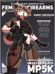 anthro bulletproof_vest clothing cover deer english_text gloves gun handwear hi_res horn magazine_cover male mammal marcus_gray ranged_weapon solo standing submachine_gun text underwear weapon