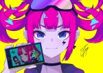  1girl battery blue_eyes cellphone cellphone_photo choker close-up goggles goggles_on_head goma_irasuto highres looking_at_viewer original phone pink_hair signature simple_background smartphone solo upper_body yellow_background 
