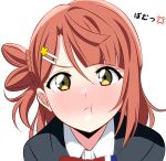  1girl :t absurdres anger_vein black_jacket blush collared_shirt commentary_request hair_ornament hairclip highres jacket looking_at_viewer love_live! love_live!_nijigasaki_high_school_idol_club medium_hair neck_ribbon nijigasaki_academy_school_uniform portrait pout red_hair red_ribbon ribbon school_uniform shinonome_sakura shirt single_sidelock solo translation_request uehara_ayumu upper_body v-shaped_eyebrows white_background white_shirt winter_uniform yellow_eyes 