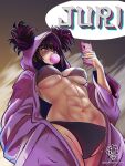  1girl abs absurdres baggy_pants black_hair breasts chewing_gum crovoclash glowing glowing_eye han_juri highres large_breasts nail_polish navel onesie open_pajamas pajamas pants phone short_hair solo street_fighter street_fighter_6 toned underwear 