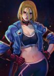  1girl abs absurdres black_choker blonde_hair blue_eyes breasts cammy_white choker highres looking_at_viewer medium_hair midriff navel skin_tight solo street_fighter xuuikie_ashe 