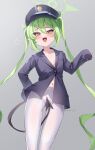  1girl absurdres black_hat black_shirt black_tail blue_archive blush breasts collarbone collared_shirt demon_tail fang feet_out_of_frame gradient_background green_hair green_halo hair_between_eyes halo hat highlander_twintails_conductor_(blue_archive) highres long_hair long_sleeves looking_at_viewer open_mouth pantyhose peaked_cap pointy_ears shirt skin_fang small_breasts solo tail taiyaki12 twintails twitter_username white_pantyhose yellow_eyes 