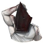  1boy arm_behind_head armpits bara blood chest_hair_peek cropped_torso facing_viewer highres large_pectorals male_focus muscular muscular_male muted_color pectorals pyramid_head sidepec silent_hill_(series) solo taous_dark 