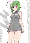  1girl ahoge alternate_costume antenna_hair asava_(hutaitenn) bob_cut character_name dated dress feet_out_of_frame flying_sweatdrops green_hair grey_sweater highres inverted_bob kantai_collection multicolored_hair panties pantyshot purple_hair ribbed_sweater short_hair sleeveless sleeveless_dress sleeveless_sweater solo streaked_hair sweater sweater_dress take_(kancolle) twitter_username underwear white_background white_panties 