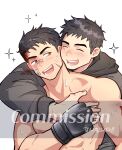 2boys bad_id bad_twitter_id bara blood blood_on_face check_copyright clothed_male_nude_male copyright_request couple facial_hair heads_together highres male_focus multiple_boys muscular muscular_male nude original sideburns_stubble sparkle_background stubble thick_eyebrows upper_body wasted_m9 yaoi 