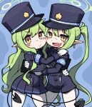  2girls armband average-hanzo black_hat black_jacket black_shorts black_skirt black_tail blue_archive blue_armband cheek-to-cheek closed_mouth earrings gloves green_hair green_halo halo hat heads_together highlander_sidelocks_conductor_(blue_archive) highlander_twintails_conductor_(blue_archive) hug jacket jewelry long_hair long_sleeves looking_at_viewer multiple_girls open_mouth pantyhose peaked_cap pleated_skirt pointy_ears shorts skirt smile twintails very_long_hair white_gloves white_pantyhose yellow_eyes 