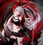  1girl absurdres acheron_(honkai:_star_rail) arm_up bare_shoulders black_choker black_shorts breasts choker cleavage commentary_request cowboy_shot detached_sleeves grey_hair halterneck highres holding holding_sword holding_weapon honkai:_star_rail honkai_(series) katana leg_tattoo long_hair long_sleeves looking_at_viewer medium_breasts midriff navel official_alternate_color qilunuo red_eyes scabbard sheath short_shorts shorts single_sleeve solo standing stomach sword tattoo very_long_hair weapon 