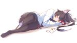  1girl animal_ear_fluff animal_ears black_hair black_thighhighs closed_eyes commentary_request highres hololive long_sleeves lying multicolored_hair on_side ookami_mio red_hair simple_background sleeping solo streaked_hair tail thighhighs tokine_yua unworn_eyewear virtual_youtuber white_background wolf_ears wolf_girl wolf_tail 