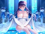  1girl aqua_eyes black_hair blue_hair blunt_bangs blurry blurry_background breasts bridal_gauntlets cleavage closed_mouth clothes_lift collarbone colored_inner_hair dress dress_lift flower garter_belt garter_straps gloves hair_flower hair_ornament highres jewelry large_breasts long_hair looking_at_viewer multicolored_hair necklace original pearl_necklace pink_flower re:shimashima sitting skindentation skirt skirt_lift smile solo thighhighs wedding_dress white_dress white_gloves white_thighhighs window 