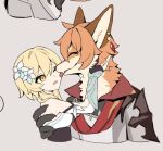  1109285578 1boy 1girl animal_ears blonde_hair closed_eyes dress earrings flower fox_boy fox_ears furrification furry genshin_impact hair_flower hair_ornament jewelry licking licking_another&#039;s_cheek licking_another&#039;s_face lumine_(genshin_impact) one_eye_closed short_hair tartaglia_(genshin_impact) white_dress yellow_eyes 