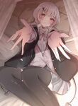  1girl asumi_sena black_coat black_thighhighs blush bow bowtie carry_me choker coat demon_tail grey_bow grey_bowtie grey_hair hair_ornament highres jacket looking_at_viewer lying miniskirt multicolored_hair on_bed pink_eyes pink_hair pink_jacket reaching reaching_towards_viewer safuapurin school_uniform shirt skirt solo streaked_hair tail thighhighs twintails two-tone_hair virtual_youtuber vspo! white_shirt 
