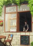  apron artist_name barista brick_wall brown_hair bush chair chalkboard closed_eyes cup flower flower_pot holding holding_pen lansane leaf long_hair long_sleeves original pen shadow sleeves_rolled_up smile solo storefront table window writing 
