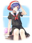  :o alternate_costume arm_support bare_legs black_serafuku black_skirt blue_eyes blue_hair blush commentary_request doremy_sweet dream_soul hat highres kasuka_(kusuki) looking_at_viewer miniskirt neckerchief nightcap school_uniform serafuku short_hair short_sleeves sitting skirt solo touhou 