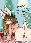 anthro anykoe basket brown_hair butt clothing container easter easter_egg egg equid equine fan_character female furniture genitals hair heart_eyes heart_symbol holidays horse hybrid lagomorph leporid long_hair looking_at_viewer mammal picnic_basket picnic_table pony pussy rabbit ribbons solo spicy_carrot_(anykoe) table tail text