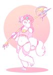  2017 3_toes anklet anthro blue_eyes bracelet bulge cat-boots claws clothed clothing dragon eyeshadow fur furred_dragon girly hair halberd headband headwear horn jewelry long_hair makeup male melee_weapon polearm pose ribbons simple_background skimpy solo sparkles toes weapon white_fur 