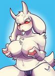  2017 anthro big_breasts blush breasts caprine clothing female fur goat horn mammal nipples red_eyes snappygrey solo tattoo thong toriel undertale video_games white_fur 