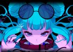  1girl blue_eyes chain collar double_bun eyewear_on_head fingernails goma_irasuto green_hair hair_bun highres long_bangs looking_at_viewer nail_polish original sanpaku signature solo sunglasses symbol-shaped_pupils upper_body x-shaped_pupils 