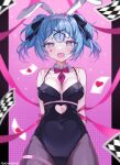  1girl @_@ ace_(playing_card) ace_of_hearts animal_ears artist_name black_leotard black_ribbon blue_eyes blue_hair blurry bow bowtie breasts card clothing_cutout collar detached_collar fake_animal_ears fang gachumacha hair_ornament hatsune_miku heart heart_cutout heart_hair_ornament highres leotard miku_day necktie open_mouth pantyhose pink_bow pink_bowtie pink_necktie pink_ribbon playboy_bunny playing_card rabbit_ears rabbit_hole_(vocaloid) ribbon skin_fang solo teardrop_facial_mark twintails vocaloid white_collar x_hair_ornament 