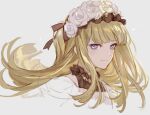  1girl alternate_costume alternate_hairstyle artist_name black_bow blonde_hair blunt_bangs bow cagliostro_(granblue_fantasy) commentary_request cropped_shoulders dress floating_hair frilled_dress frilled_shirt_collar frills from_side granblue_fantasy head_wreath headband long_hair looking_at_viewer pota_(bluegutty) signature sketch solo twitter_username 