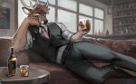 5_fingers absurd_res alcohol anthro antlers beverage biped bottle bottomwear brown_hair clothed clothing container deer eyebrows eyewear fingers glasses hair hi_res horn ksfrost male mammal necktie pants seductive solo