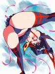  1girl absurdres aetherion arms_up ass ass_focus black_hair black_panties blue_sky boots breasts day from_below high_heels highres kill_la_kill matoi_ryuuko microskirt multicolored_hair navel open_mouth panties pleated_skirt red_hair revealing_clothes scissor_blade_(kill_la_kill) screaming senketsu short_hair skirt sky small_breasts solo sparkle suspenders thigh_boots thighhighs thighs two-tone_hair underboob underwear weapon 