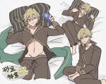  1boy aventurine_(honkai:_star_rail) barefoot bed bed_sheet black_pajamas blonde_hair closed_mouth collarbone honkai:_star_rail honkai_(series) long_sleeves male_focus midriff multiple_views navel official_alternate_costume on_bed pajamas pillow short_hair solo stack_b1 