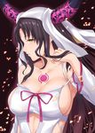  bare_shoulders black_hair blush breasts collarbone commentary_request detached_sleeves facial_mark fate/extra fate/extra_ccc fate_(series) forehead_mark hair_flip highres horns large_breasts long_hair long_sleeves looking_at_viewer parted_lips profile revealing_clothes sesshouin_kiara sideboob solo strap_slip tattoo terry_(pixiv3274443) upper_body veil very_long_hair wavy_hair yellow_eyes 