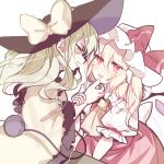  2girls ascot blonde_hair flandre_scarlet green_eyes green_hair hand_on_own_chin hat height_difference komeiji_koishi mob_cap multiple_girls open_mouth red_eyes red_ribbon ribbon side_ponytail simple_background smile sorani_(kaeru0768) touhou white_background yellow_ascot yellow_ribbon yuri 