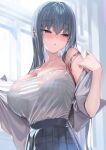  1girl bare_shoulders blue_hair blue_skirt blurry blurry_background blush bra_visible_through_clothes breasts cleavage commentary_request highres kanzarin large_breasts long_hair looking_to_the_side nose_blush open_clothes open_shirt original plaid plaid_skirt purple_eyes see-through_camisole shirt shirt_tucked_in skirt solo sweat white_shirt 