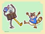 2024 absurd_res anthro biped brown_body duo grey_body hi_res jorgeangg machine male mammal open_mouth procyonid raccoon rascal_(robot_dreams) robot robot_(robot_dreams) robot_dreams simple_background slightly_chubby smile