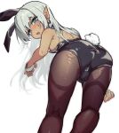  1boy animal_ears ass bent_over black_leotard blue_eyes blush brown_pantyhose commentary_request dark-skinned_male dark_elf dark_skin elf fake_animal_ears fake_tail from_behind frown grey_hair highres leotard long_hair looking_at_viewer looking_back male_focus male_playboy_bunny original otoko_no_ko pantyhose pointy_ears rabbit_ears rabbit_tail simple_background solo strapless strapless_leotard sweatdrop tail v-shaped_eyebrows white_background yoruhachi 